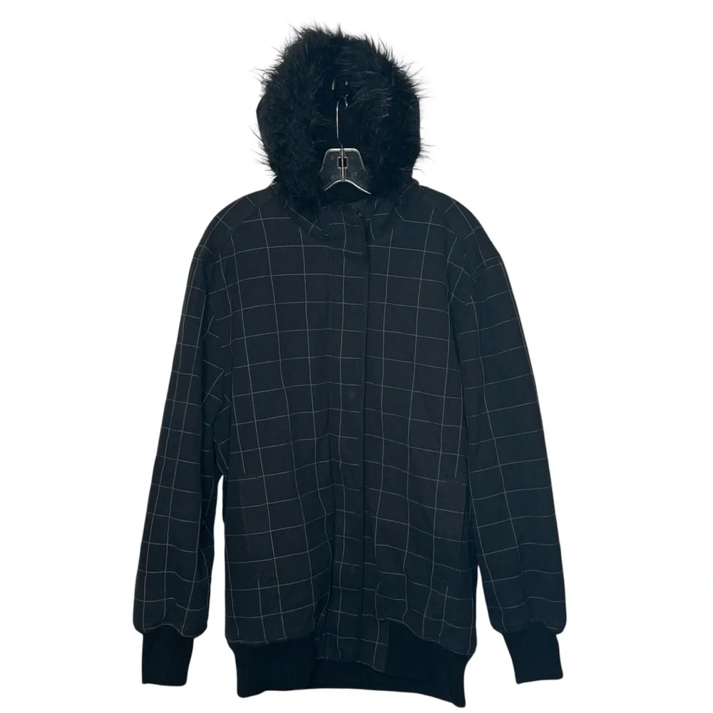 No Fear Thick Jacket Sz S Black Checkered Faux Fur Trim Hood Y2K Warm